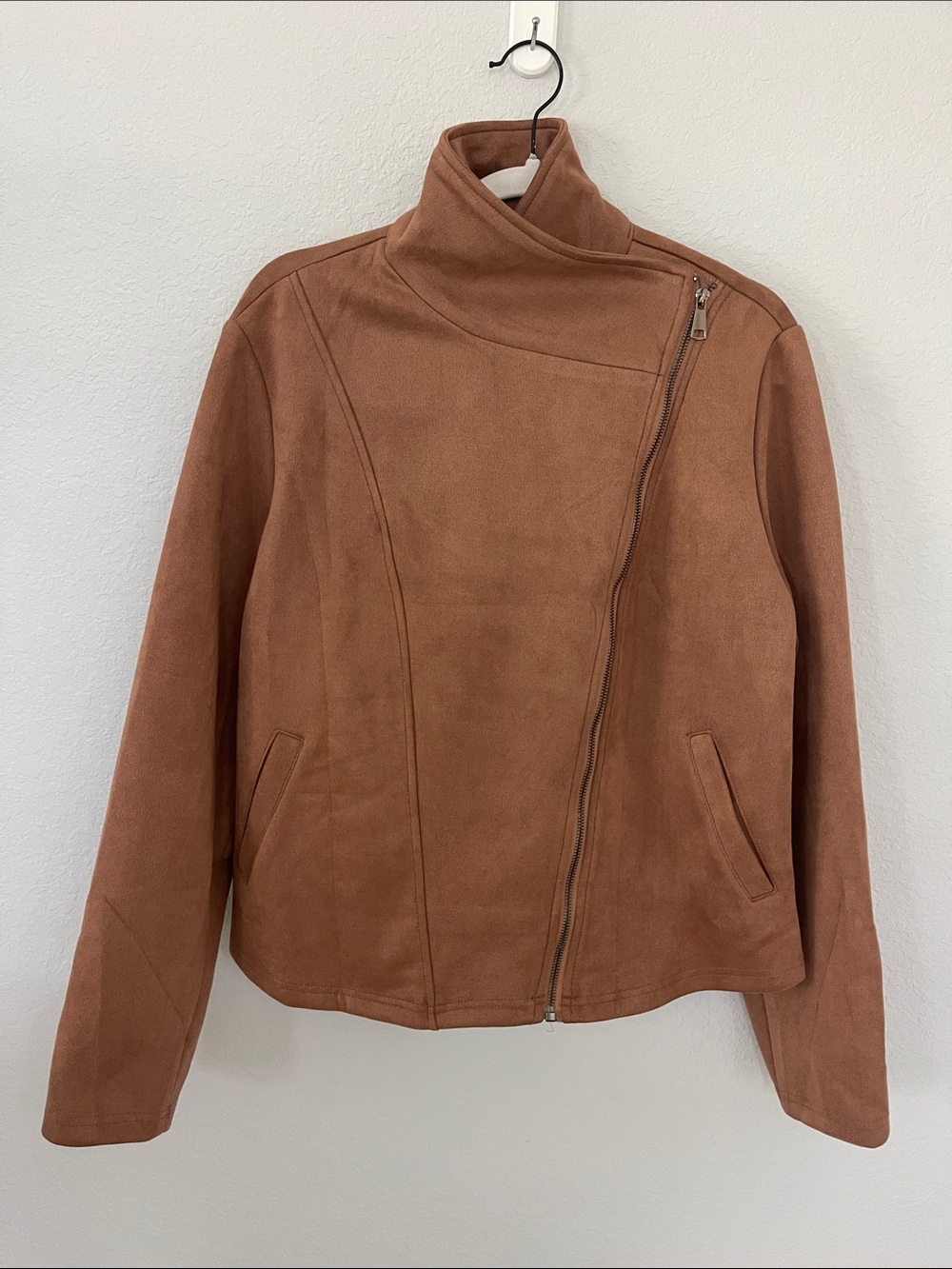 Automet Faux Suede Asymmetrical Moto Style Zip Jacket Cognac Brown Size XL NWT
